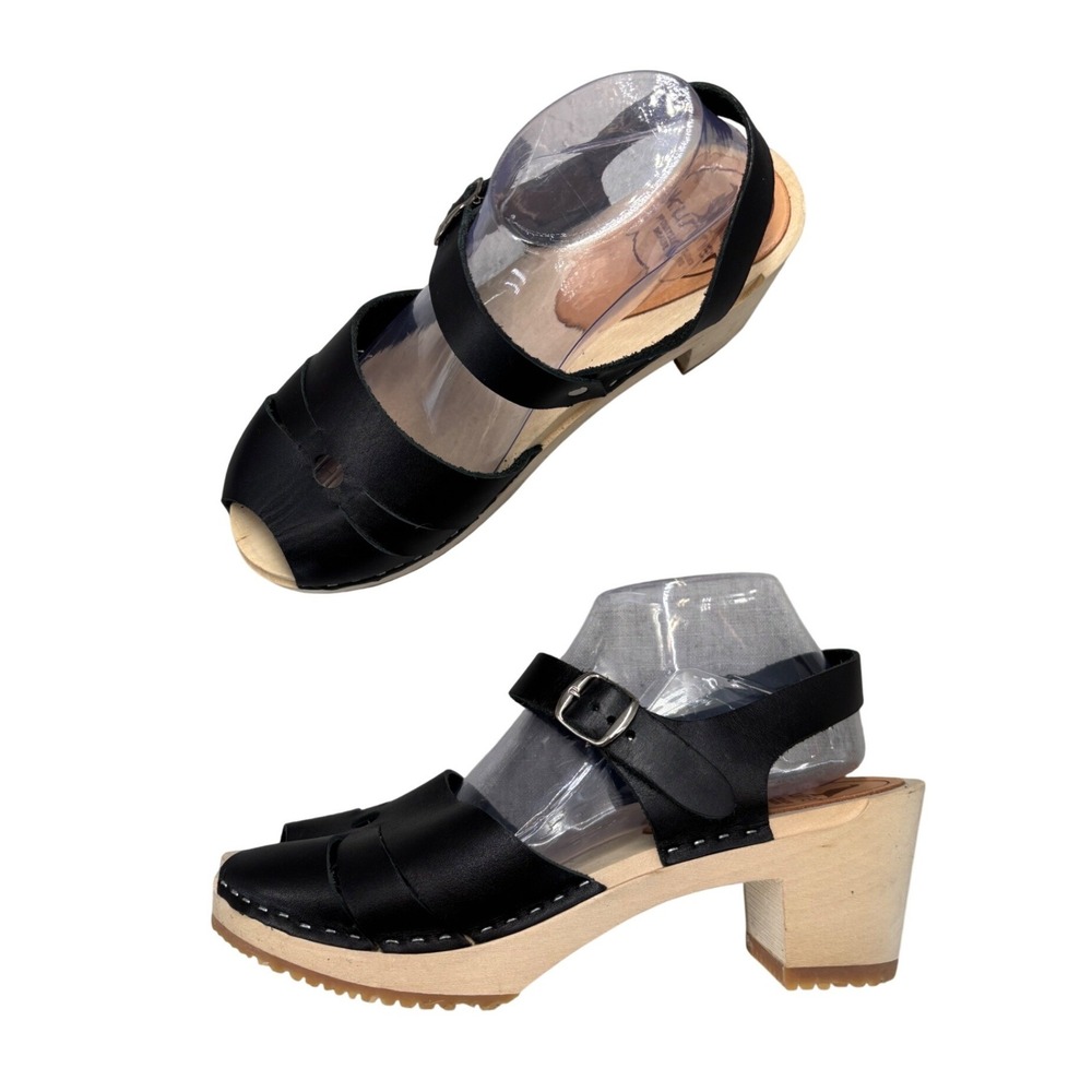 Kurier Luna Clog Sandals Black Leather Wood Peep Toe Ankle Strap Womens EU 41